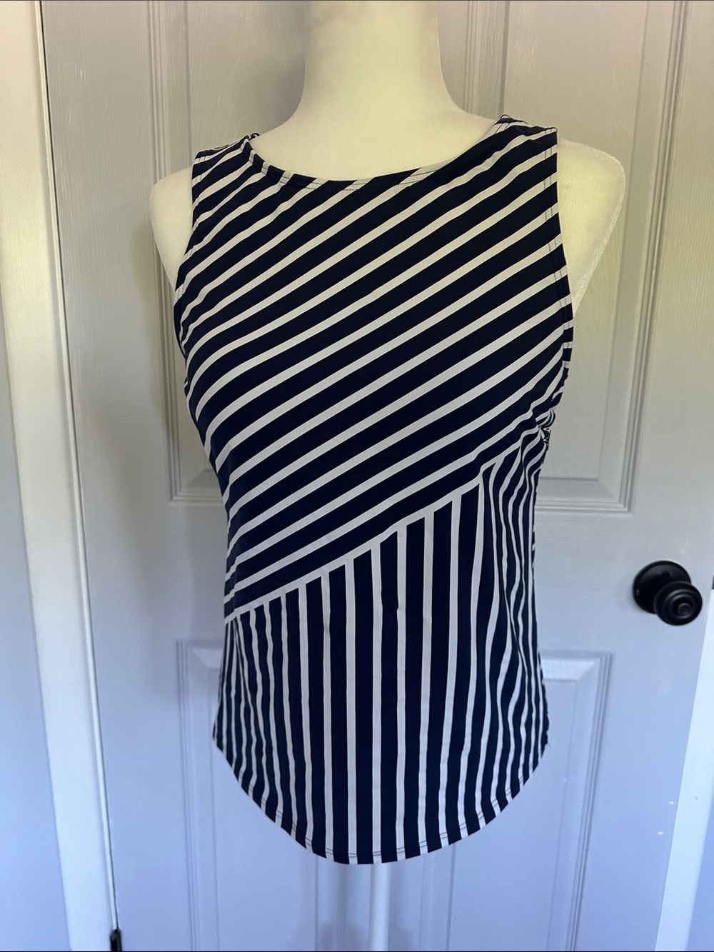 Lands' End Navy & White Striped Swim top